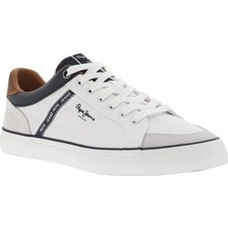 Weiße Low-Top-Canvas-Tennisschuhe aus Leder mit flachem Absatz, flachen Schnürsenkeln und blauem Logo