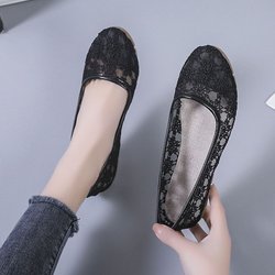 Sommer dünne hohle atmungsaktive Stoffschuhe Damen Spitzenloch Sandalen flache Unterseite flacher Mund weiße Schuhe rutschfest 36 schwarz