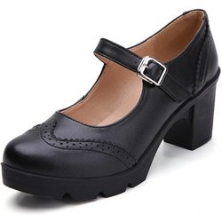 Frauen Mary Jane Pumps Echtes Leder Schaffell High Heels Elegante Retro Quadratische Runde Kappe Plattform Damen Schuhe 36 schwarz