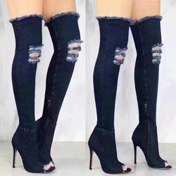 Stiefel Damenmode Sexy Denim Lange Stiefel Straße Overknee Fischmaul Retro Stiletto Heels 38 dunkelblaue