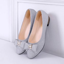 Bolingbuling Spitz zulaufende, niedrige Einzelschuhe mit süßer Schleife, flacher Slipper, dicker Absatz, Arbeitsschuhe für Damen, Frühling und Sommer 36 silber