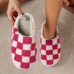 Neue Winter-Hausschuhe für Damen, Schachbrettmuster, schicke Hausschuhe mit ultraweichem Plüschfutter, 44-45 rosa