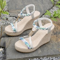 Damensandalen mit Keilabsatz in Übergröße Sommer 2025 neue elastische Zehensandalen mit hohem Absatz Damen 42 silber