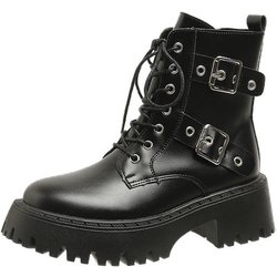 Punk Metall Schnalle Plattform Stiefel Frauen PU Leder Chunky Heels Stiefeletten Frau Herbst Spitze Up Dicken Boden Gothic Schuhe 39 schwarz