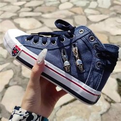 Damen-Denim-Sneaker mit flachem Absatz, runder Zehenpartie, Schnürung, Totenkopf-Metalldekoration, bequem, modisch, klassisch, lässig 39 navy blau