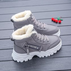 2024 Damen-Schneestiefel mit Samtfutter, hoher Schaft, dicke Sohle, vielseitiger Martin-Stil 38 graue