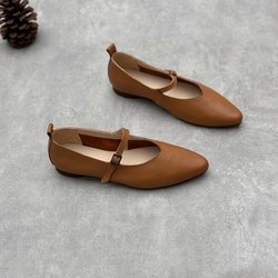 Johnature Handgefertigte flache Damenschuhe aus echtem Leder mit spitzer Spitze, einfache, vielseitige Schuhe mit Schnallenriemen und weicher Sohle 39 braun