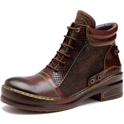 Johnature Retro-Schuhe aus echtem Leder, Damenstiefel mit Reißverschluss, runder Zehenpartie, gemischte Farben, Nähen, handgefertigt, prägnante Plateaustiefel 40 braun