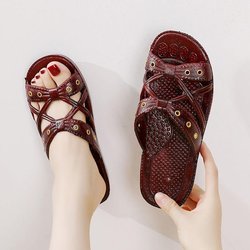 Mutter Hausschuhe tragen Sommer weiche Sohlen mittleren Alters flache Sohlen Anti-Rutsch Plus Größe Damenschuhe 39 rot