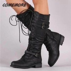 Damen Kniehohe Stiefel Herbst Winter Schnürschuhe Flache Schuhe Sexy Steampunk PU Retro Schnalle Frau Schuhe Damen Schneestiefel Plateau 41