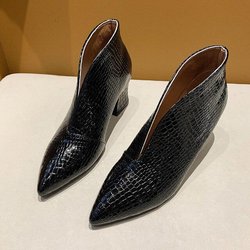Fahsion Chelsea Boots Damen Herbst Schlangenmuster Kurze Stiefel V Ausschnitt Spitze Dicke Absatz Stiefel 41 schwarz
