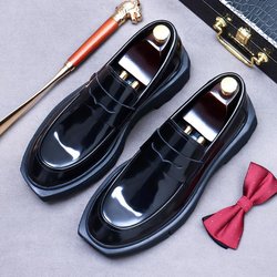 Italienisches Lackleder Herrenschuhe Luxusmarke Rund zu Plateau Elegant Echtes Leder Slipper Hochzeit Loafer Schuhe Mann 39 schwarz
