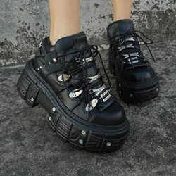 Neue Frühling Damen Punk Stil Stiefeletten für Damen Schnürschuhe Runde Zehen Dicke Sohle Plateau Botas Mujer Schwarz Herren Sneaker 39