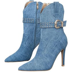 Mode Liyke Western-Stil Cowboy-Stiefel für Damen Mode Nieten Gürtelschnalle Stiefeletten Spitzschuh Blauer Denim High Heels Pumps Schuhe 39 blau