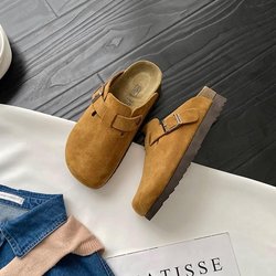 Mode Frauen Wildleder Hausschuhe Keilabsatz Kork Pantoletten Plattform Clog Rutschfeste Sohle Schnalle Outdoor Home Schuhe 38