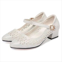 Schwarze Mesh-Sandalen mit Hohlsaum und Strass-Dekoration, dicke Absätze, High Heels für Damen, Ein-Wort-Schnalle, weiches Leder, Pendler-Arbeitsschuhe 40 beige
