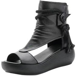 Sandalen aus weichem Leder mit dicker Sohle, Damen-Keilabsatz, Retro-Römersandalen mit hoher Spitze und erhöhtem Plateau im Ethno-Stil 39 schwarz