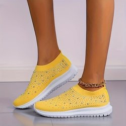 Slip-On-Sneakers mit Strass-Dekor für Damen – Bequeme, gestrickte Low-Top-Sneaker für lässiges Gehen im Fitnessstudio 40 gelb