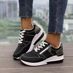 Damen-Sneaker, Sportschuhe mit Schnürung und seitlichem Reißverschluss, lässige Outdoor-Wanderschuhe 38 schwarz