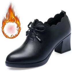 Frühling und Herbst Neue Tiefmaul-Einzelschuhe Schuhe Weiche Sohle Dicker Absatz Damenschuhe Schleife Damen Mittelhohe Absätze Lederschuhe 35