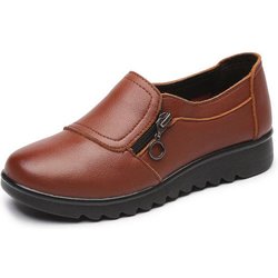 Mode Weiches Leder Runde Kopf Frauen Casual Wohnungen Damen Seite Zipper Flache Schuhe Mutter Einzelnen Schuh 37 braun