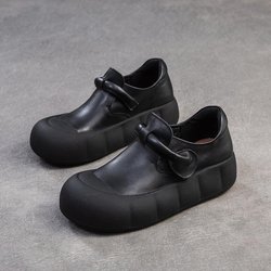 Johnature Retro-Damenschuhe aus echtem Leder mit dicker Sohle und runder Spitze, vielseitige flache Plateauschuhe für Damen 40 schwarz