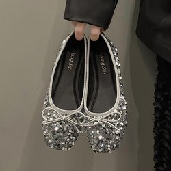 Sommerliche quadratische Zehenpartie, flache Ferse, Pailletten-Damen-Bohnenschuhe 38 silber