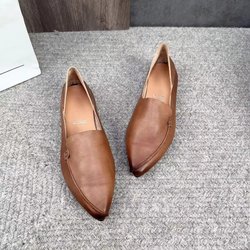 Johnature Retro-Damen-Slipper aus echtem Leder mit spitzer Zehenpartie, handgefertigt, flach, weiche Sohle, einfarbig, Slip-on-Schuhe 39 kaffeebraun