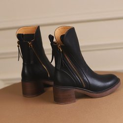 Damen Klobiger Absatz Braune Stiefeletten, Seitlicher Reißverschluss Hoher Absatz Retro Runde Zehenpartie Chelsea Martin Stiefel 39 schwarz