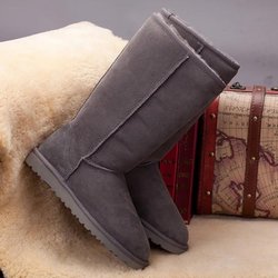 26CM Winterstiefel Klassische Damen Schneestiefel Echtes Schafsleder Damen Langstiefel Warme Hohe Schuhe 38 grau