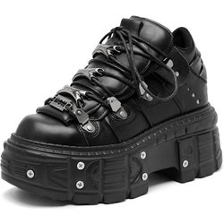 Punk Stil Frauen Schwarze Schuhe Rock Metal Decor Lace-up Absatzhöhe Plateauschuhe Gothic Mann Turnschuhe Frauen Stiefeletten 2024 Neu 39 schwarz
