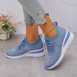 Damen Glitzernde Strass Dicke Sohle Sneaker - Atmungsaktives Strickgewebe, Rutschfeste Mode-Sneaker mit Schnürverschluss, Lässige Bequeme Schuhe 41 himmelblaue