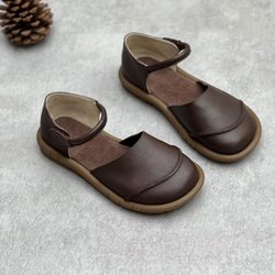 Johnature Retro handgefertigte flache Sandalen aus echtem Leder, lässig, vielseitig, bequem, weiche Sohle, Damenschuhe 39 kaffeebraun
