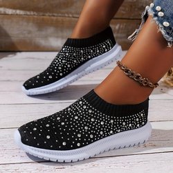 Slip-On-Sneakers mit Strass-Dekor für Damen – Bequeme, gestrickte Low-Top-Sneaker für lässiges Gehen im Fitnessstudio 38 schwarz