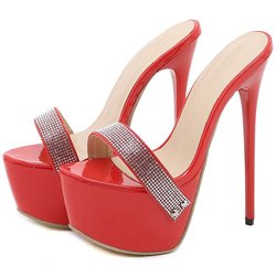 Eilyken Neue Mode Kristall Strass Frauen Plattform Hausschuhe Sommer Offene spitze Stiletto Heels Sandalen Damen Schuhe Sliders 42 rot