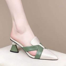 Weiche Leder Damen High Heels Sandalen Baotou Hausschuhe Elegante Temperament Color-blocking Cut-out Sandalen Dicker Absatz Cusp Frühling Sommer Mode 40 off-weiße