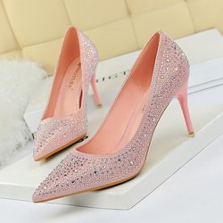 BIGTREE Damenmode, dünner Absatz, flacher Mund, spitz, sexy Strassfarbe, Diamant, 7 cm, High Heels 35 rosa