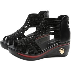 Keilsandaletten mit hohen Absätzen, Damen-Sandalen aus Kunstleder, weiches Leder, erhöhte dicke Sohle, hohl, Retro-Stil im römischen Stil, Sommer 35 schwarz