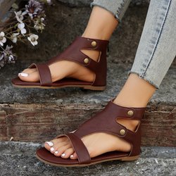 Ausverkauf Neue durchbrochene offene Zehenpartie mit Reißverschluss hinten, flache Sandalen für Damen, grenzüberschreitende große Vintage-Sandalen, römische Schuhe 36 braun