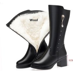 Winter Echtes Leder Frauen Lange Stiefel Wolle Wram Schnee Stiefel Frauen High Heel frauen Stiefel 35