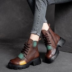 Kurze Stiefel aus echtem weichem Leder für Damen im Herbst und Winter im Ethno-Stil, kurze Röhre, dicker Absatz, Einzelstiefel mit Retro-Patch, wasserdichte Plateaustiefel 39