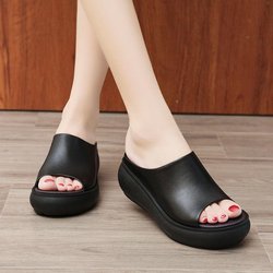Frauen Sandalen Plattform Keil PU Leder Pantoletten Offene spitze Slides Schuhe Sommer High Heels Sandalen 40 schwarz