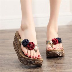 Hochhackige rutschfeste Sandalen Hausschuhe Damen Flip-Flops mit dicken Sohlen Stickerei Dekoration Bohemian Style Einfach Casual Sommer 35