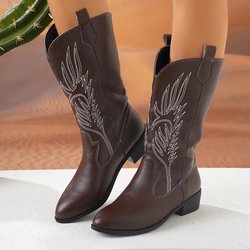 Modische Damenstiefeletten zum Hineinschlüpfen, für Herbst und Winter, dicke Sohle, spitze Zehenpartie, quadratischer Absatz, bestickte Cowboystiefel 40 dunkelbraune