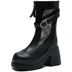 Höhenverstärkende Prinzessinenschuhe: 10cm Plateau Klobiger Absatz Atmungsaktives Mesh Ausgehöhlte Stiefel für zierliche Frauen 37 schwarz