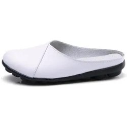 Johnature Draußen Echtes Leder Bequeme Runde Zehe Einfarbig Lässig Nähen Frau Hausschuhe Sandalen Ballerinas Pantoletten 42 weiß