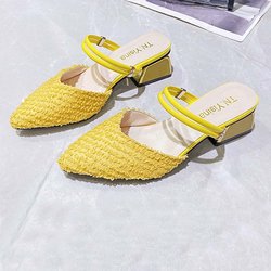 WTEMPO Einfarbige Sandalen für Damen im Sommer mit spitzer Spitze, dickem Absatz und quadratischem Absatz, verstellbare Schnalle und doppeltem Verwendungszweck, atmungsaktiv und leicht 39 gelb