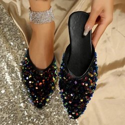 Schuhe für Damen 2024 Neue funkelnde Strasssteine Damen-Hausschuhe Modische Oberbekleidung Hausschuhe mit geschlossener Spitze Bequeme Pantoletten mit niedrigem Absatz 38 schwarz