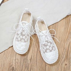 Hohle atmungsaktive Stoffschuhe für Damen, Gaze, Gänseblümchen-Stickerei, Retro-Nationalstil, einfache lässige flache Schuhe, Leinen, süßer Adrette-Stil, Frühling und Sommer 36