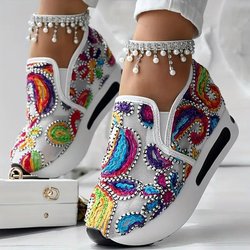 Bunt bestickte Low-Top-Sneakers mit Keilabsatz, Laufschuhe 40 weiß